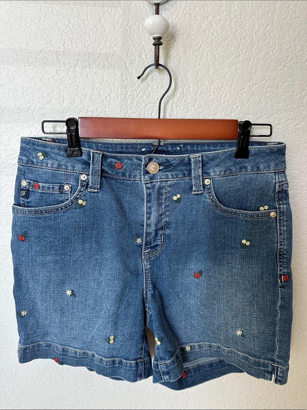 Seven7 Blue Denim Shorts with Multicolor Floral Embroidery
